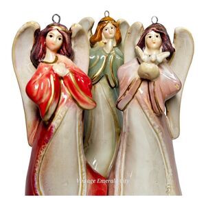 Lot 3 Vtg Ceramic Christmas Angel Bell Tree Ornaments Singing Choir Glazed Set